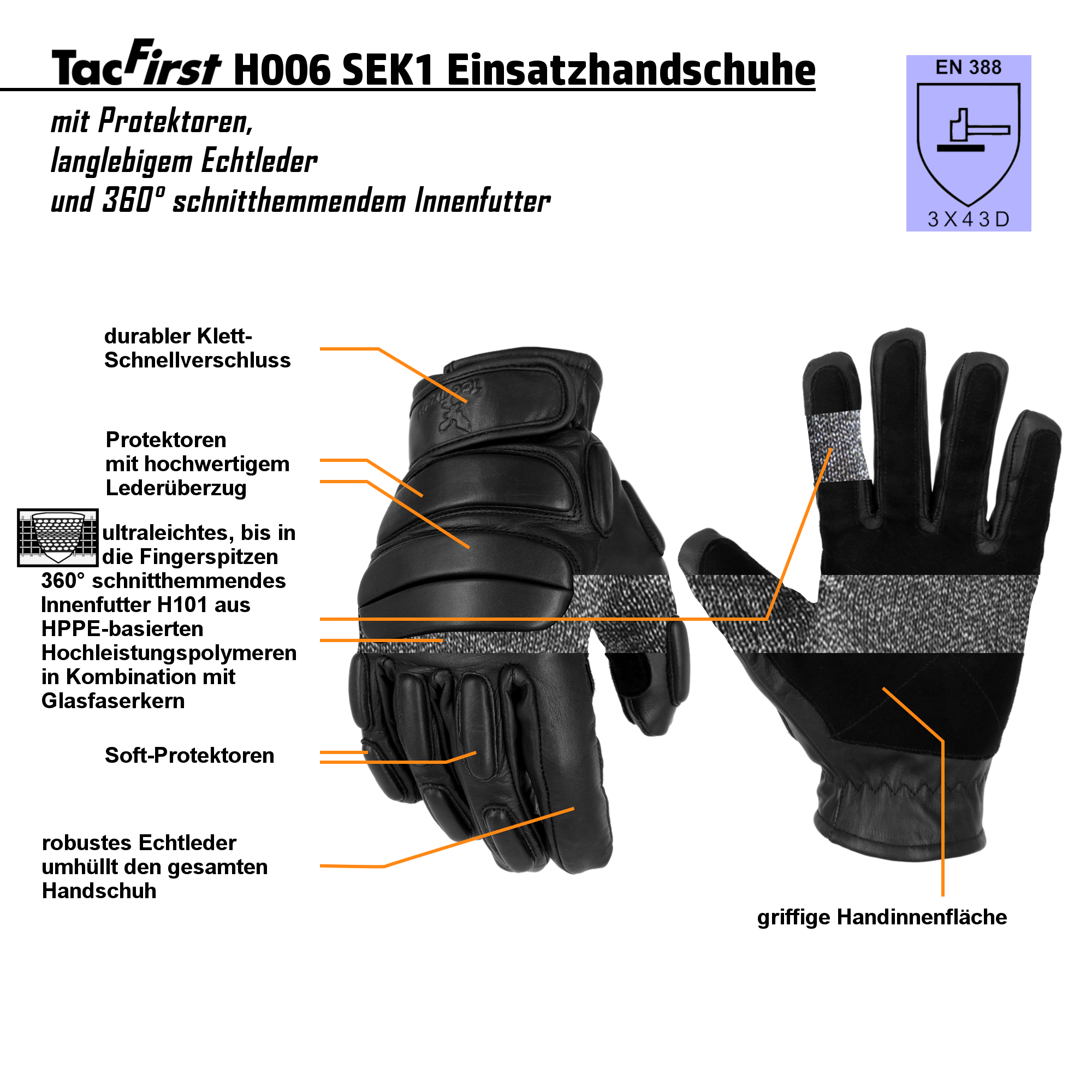 TacFirst® Einsatzhandschuhe H006 SEK 1 Echtleder, 360° schnitthemmend