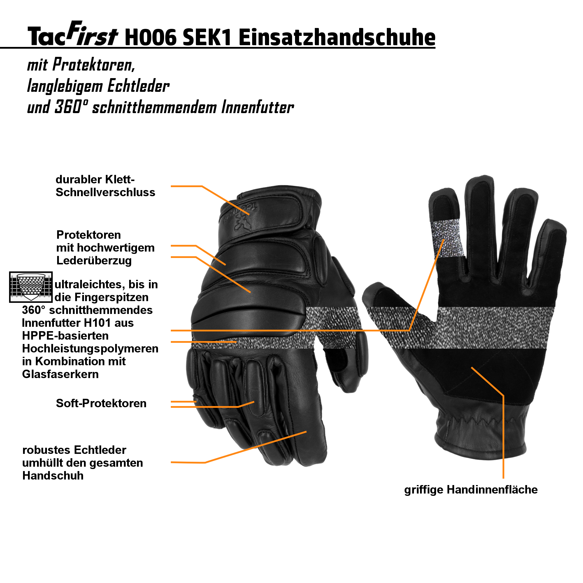 TacFirst® Einsatzhandschuhe H006 SEK 1 Echtleder, 360° schnitthemmend