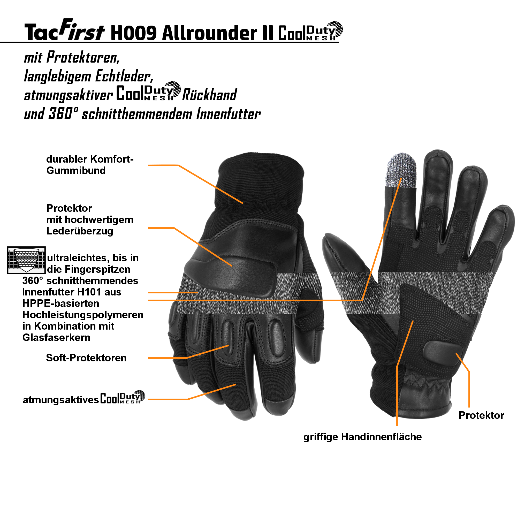 TacFirst® Einsatzhandschuhe H009 Allrounder II CoolDuty, 360° schnitthemmend und atmungsaktiv
