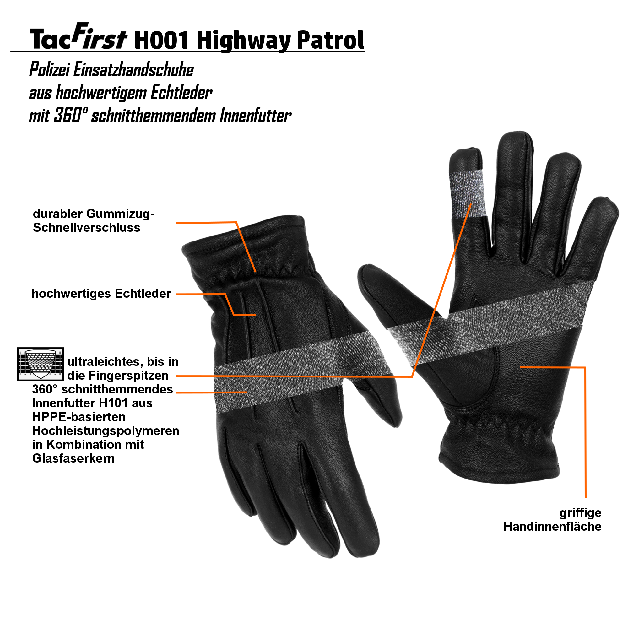 TacFirst® Einsatzhandschuhe H001 HIGHWAY PATROL Echtleder, 360° schnitthemmend